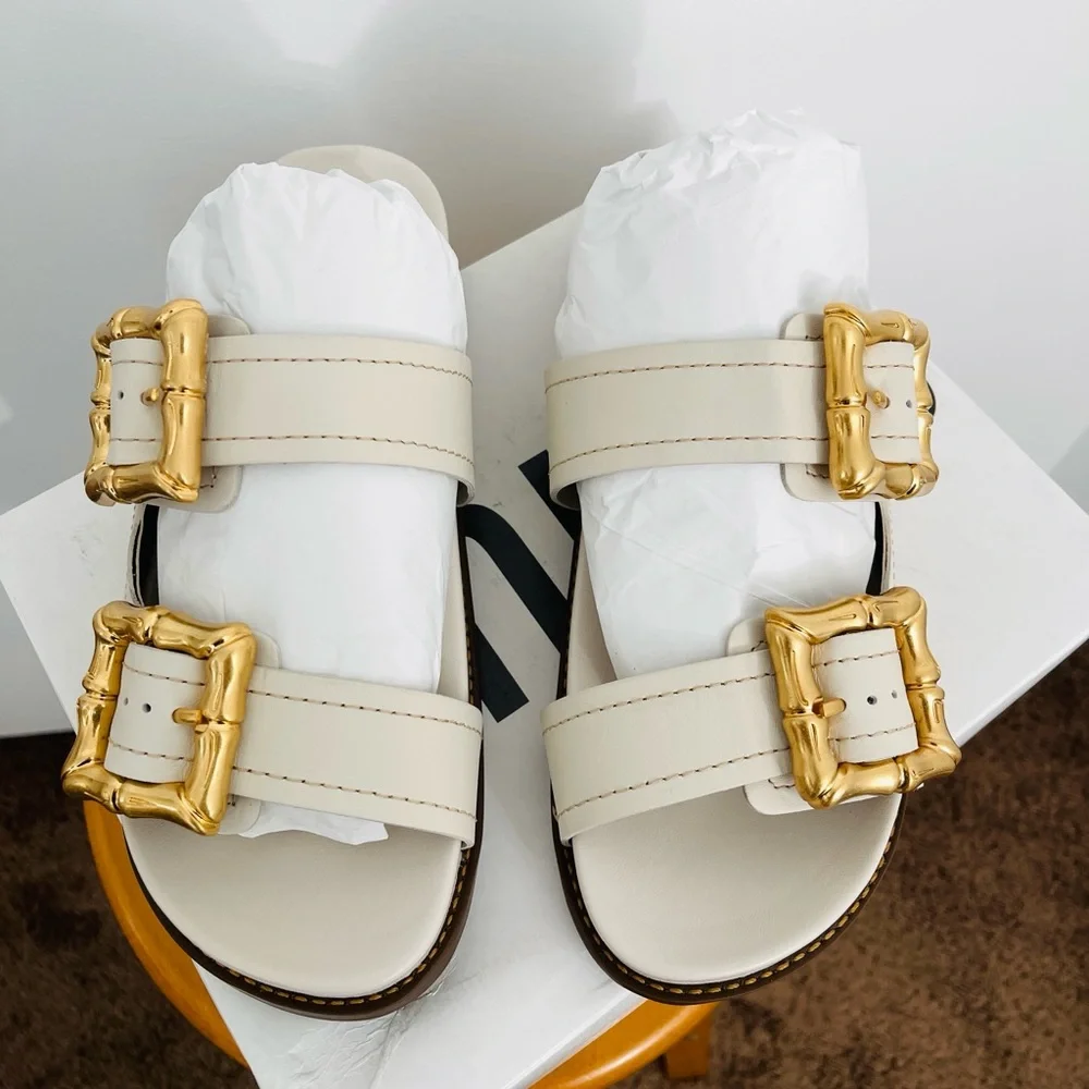 NWT Schutz Shoes Enola Sporty Sandals Leather Gold Buckle Pearl Size 8.5 B